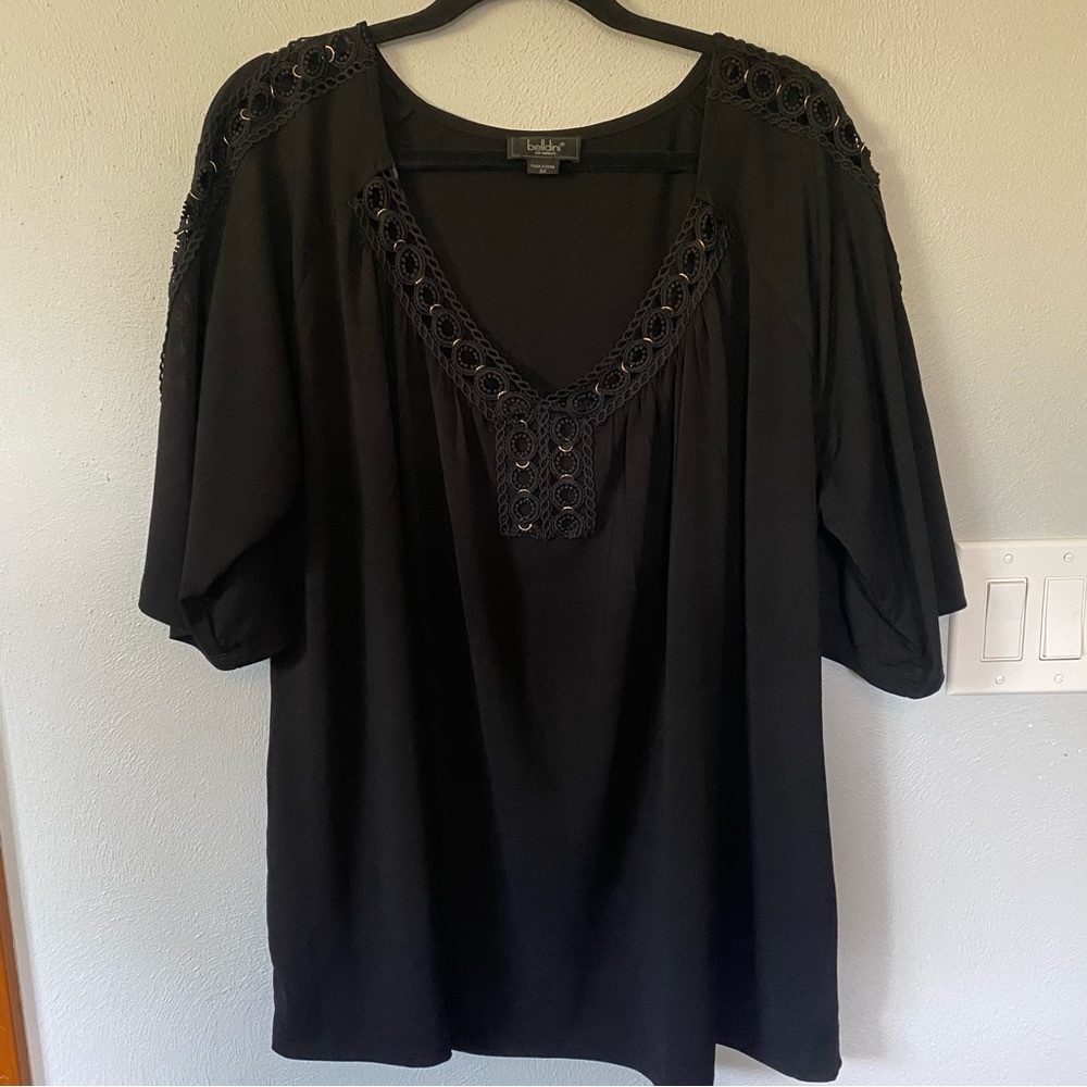 Belldini Plus Size 3X Black Crochet Neck & Sleeve top Gold Embelishments